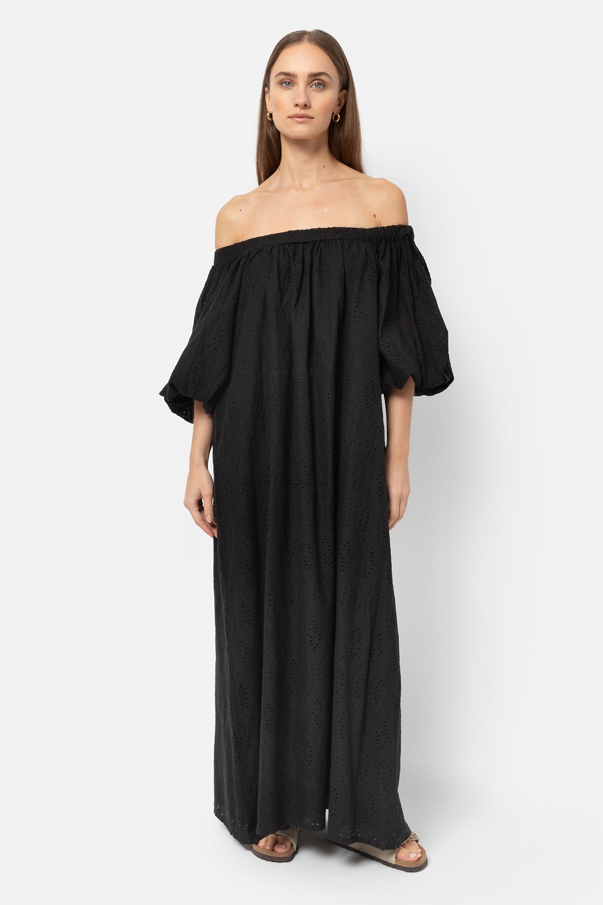 Jaime Off-the-shoulder Dress | Black Embroidered Cotton