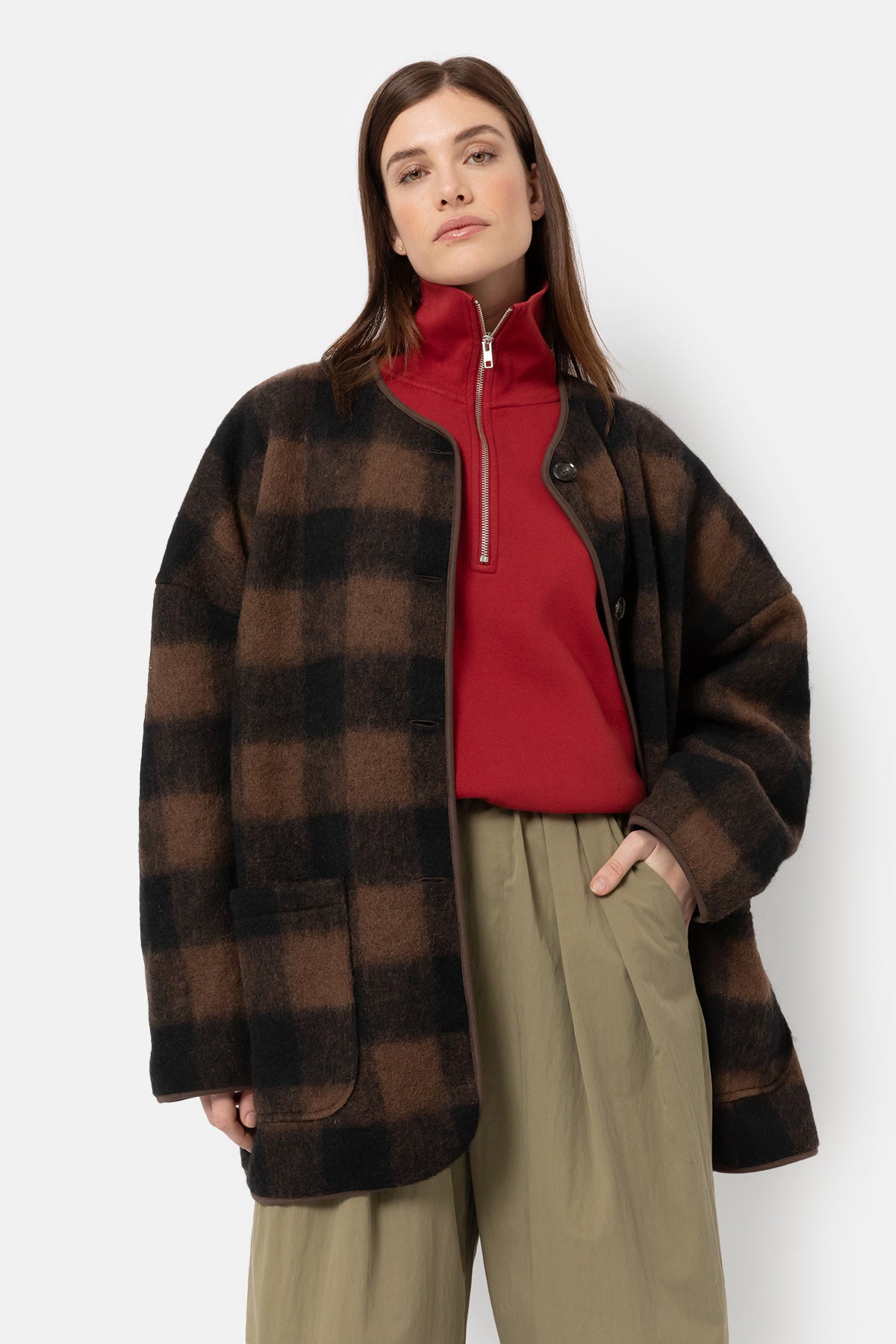 Veste oversize en fausse fourrure Hannah Teddy | Veste en laine à carreaux marron