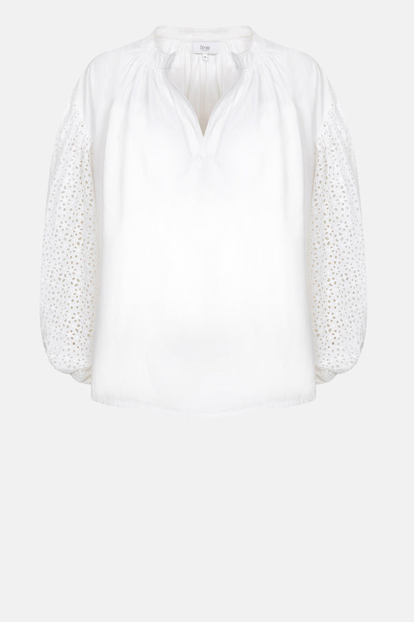 Islande Top with Puff Sleeves | White Embroidered Poplin