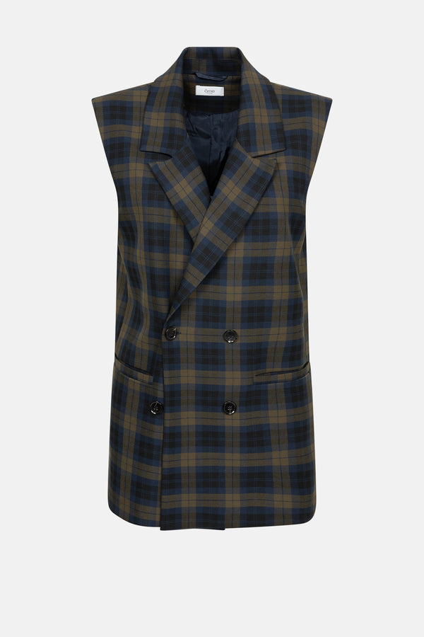 Marcel Sleeveless Checked Blazer | Blue & Yellow