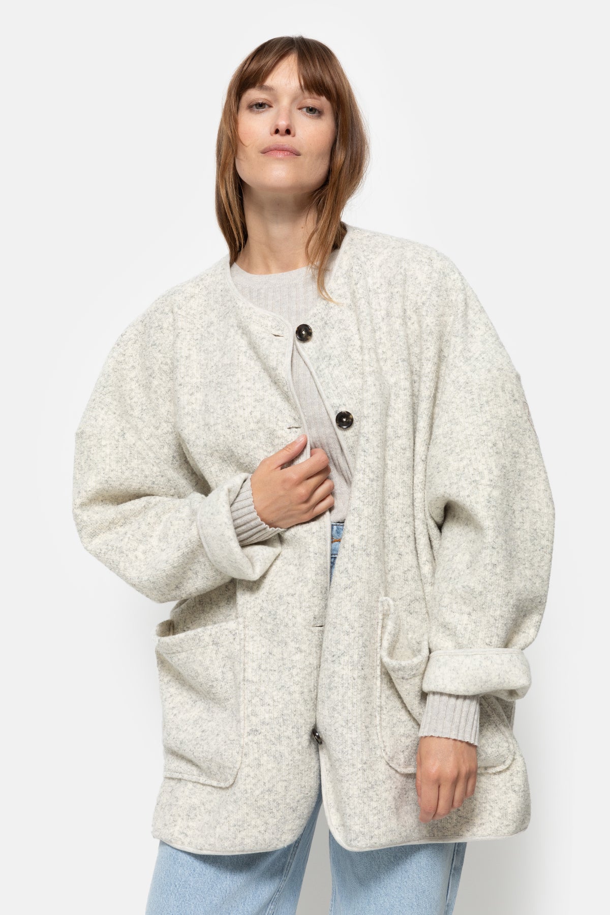 ジャケット・アウター DIANTE Accent color knit docking puffy Hannah Wooly Jacket | Light Marled Grey – Âme antwerp
