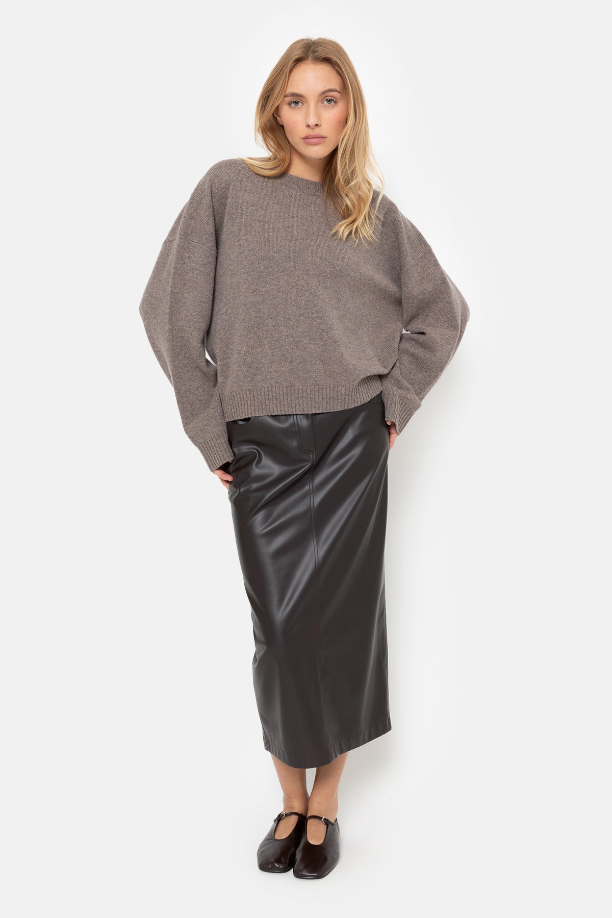 Maya Fake Leather Midi Skirt | Brown
