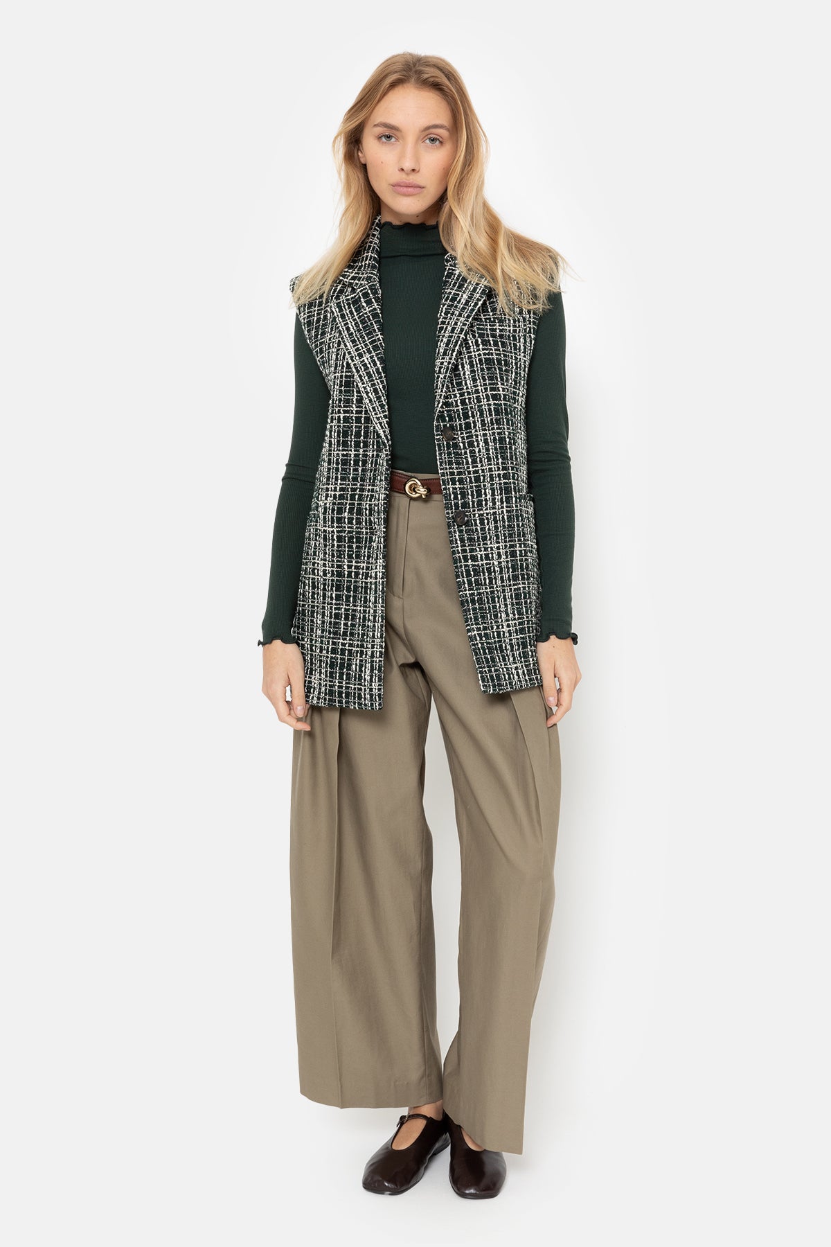 Milan Tweed Sleeveless Checked Blazer | Green