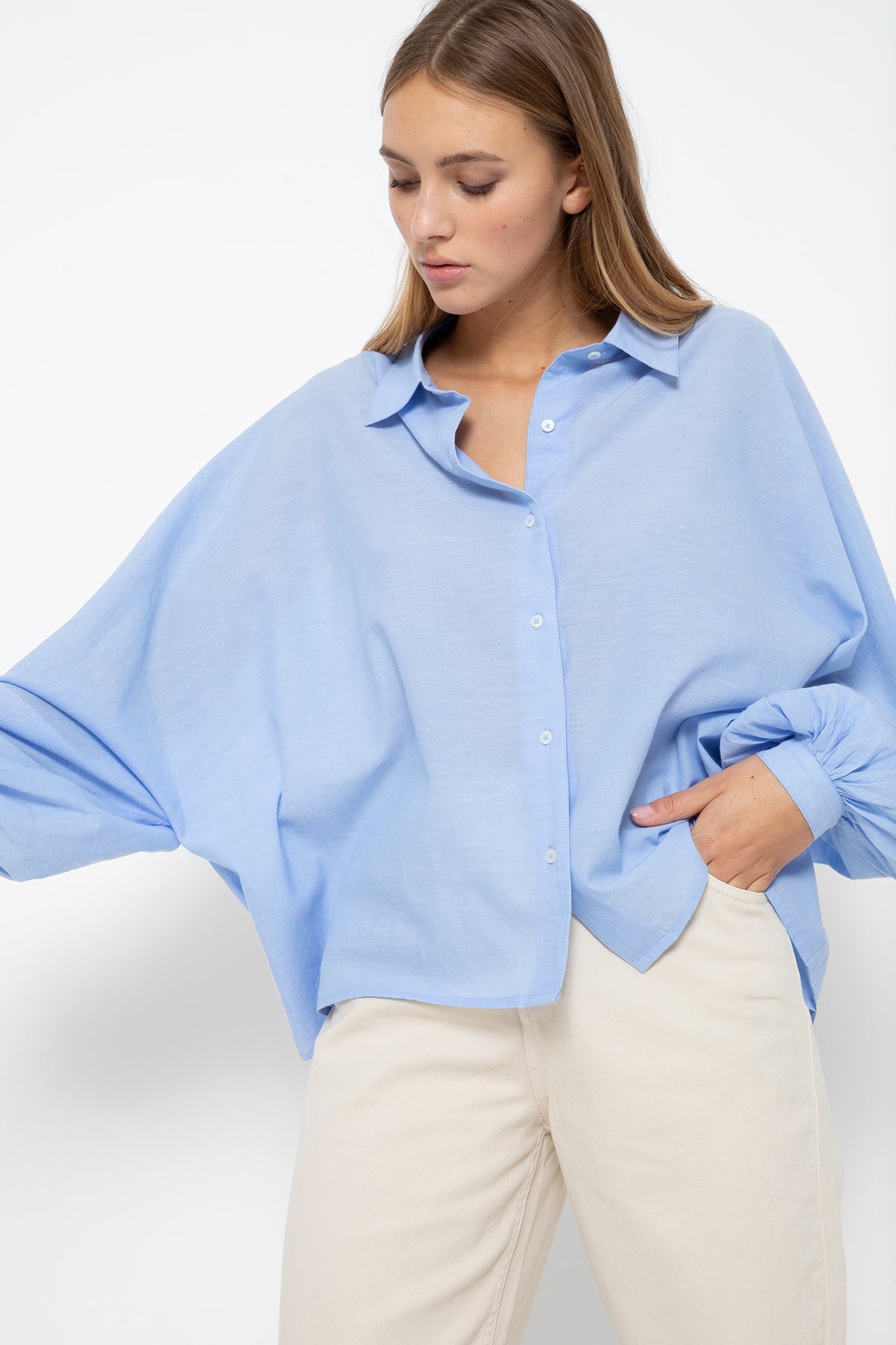 Gala Shirt with Collar & Puff Sleeves | Chambray Blue