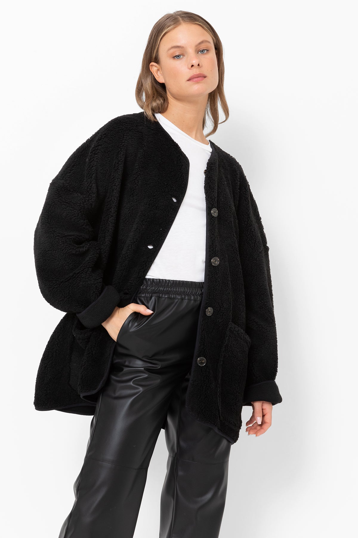 Hannah Teddy Oversized Jacket | Black