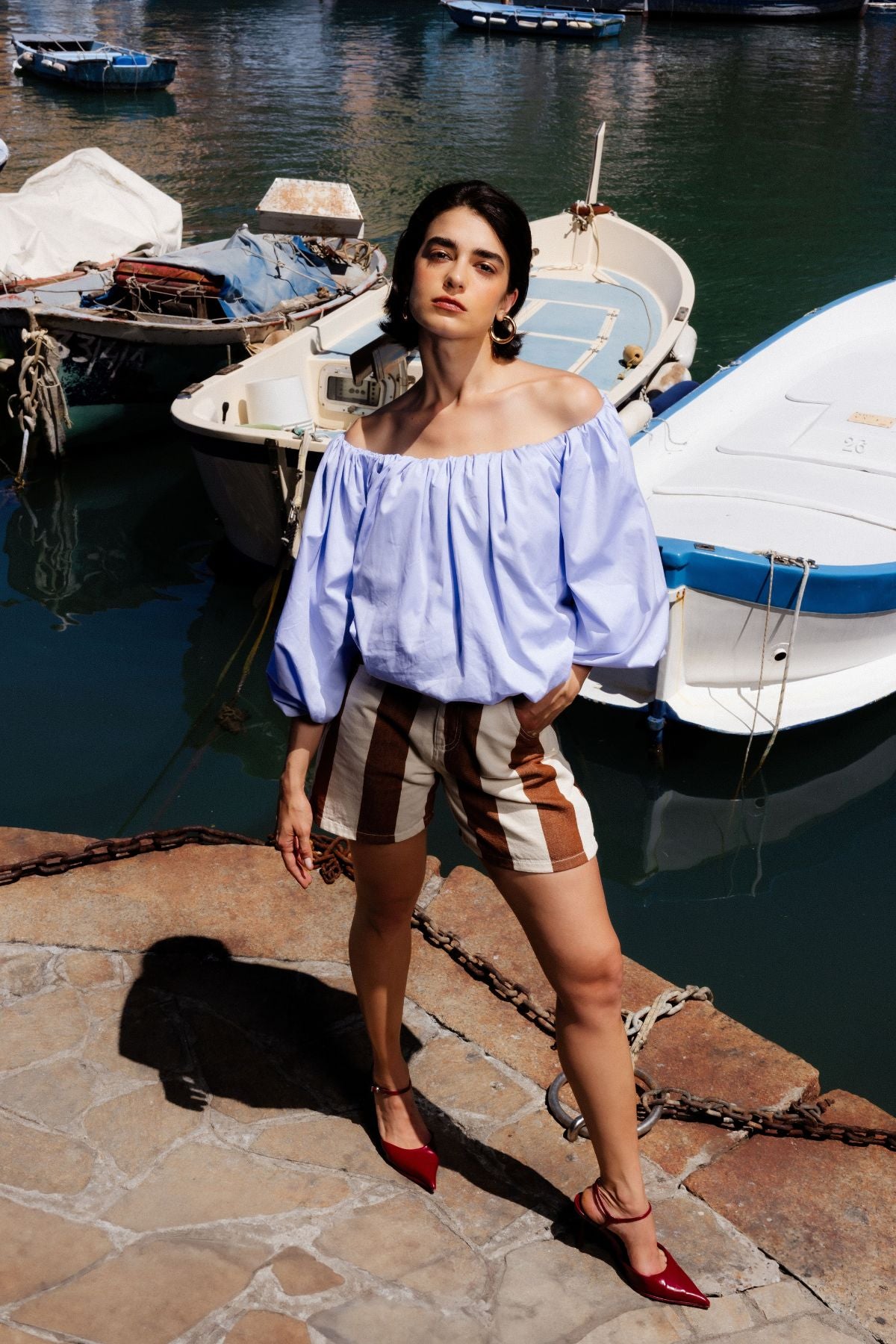 Short Nanny Rayé | Blanc & Camel