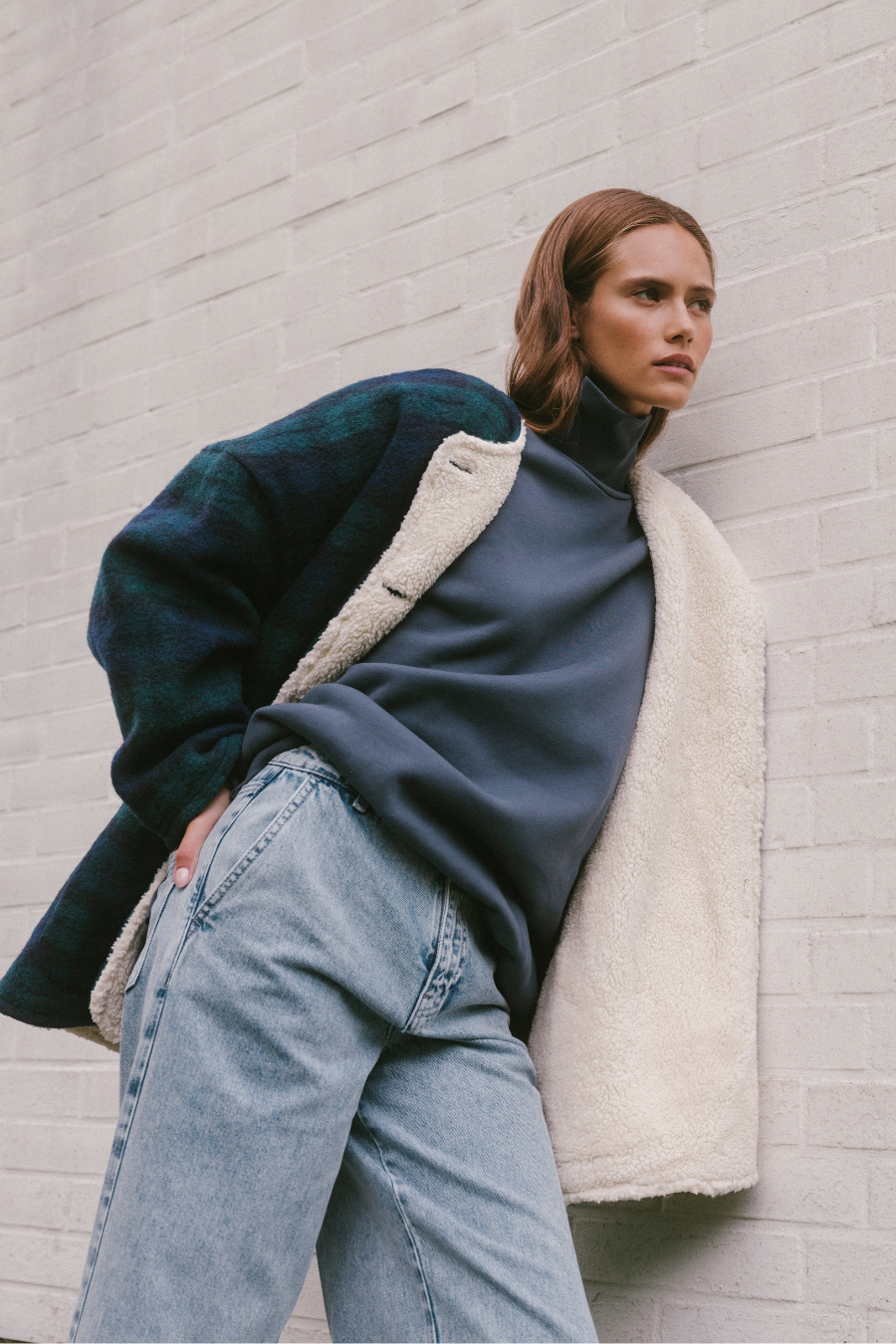 Hannah Teddy Oversized Jacket | Blue & Green Checks w/ Teddy Lining