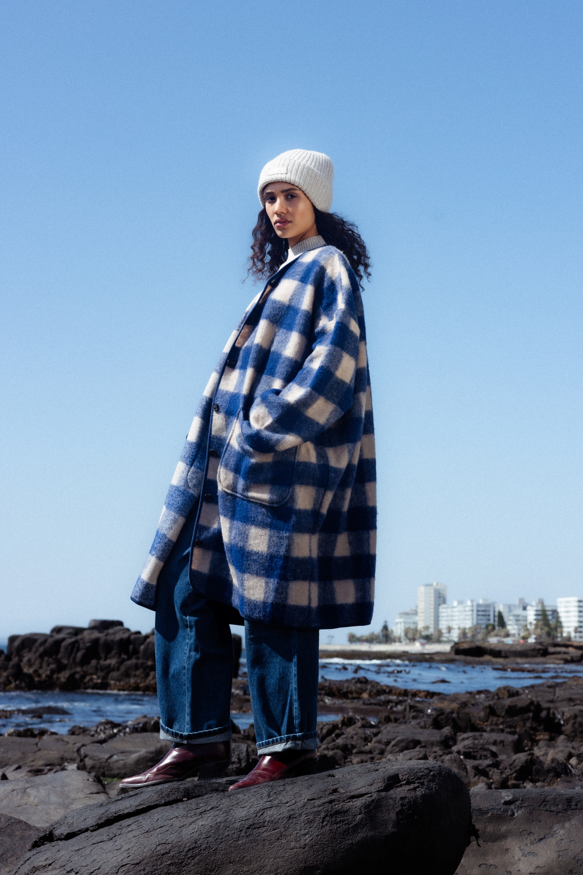Manteau Mahaut | Bleu & Beige à Carreaux