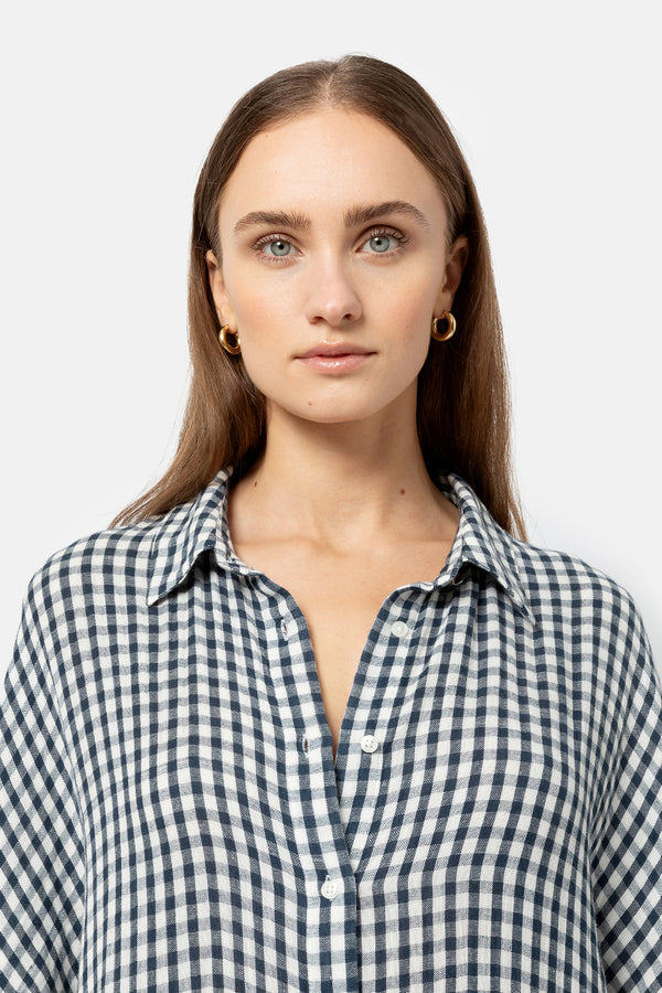 Jelena Long Shirt Dress | White & Blue Stripes and Checks
