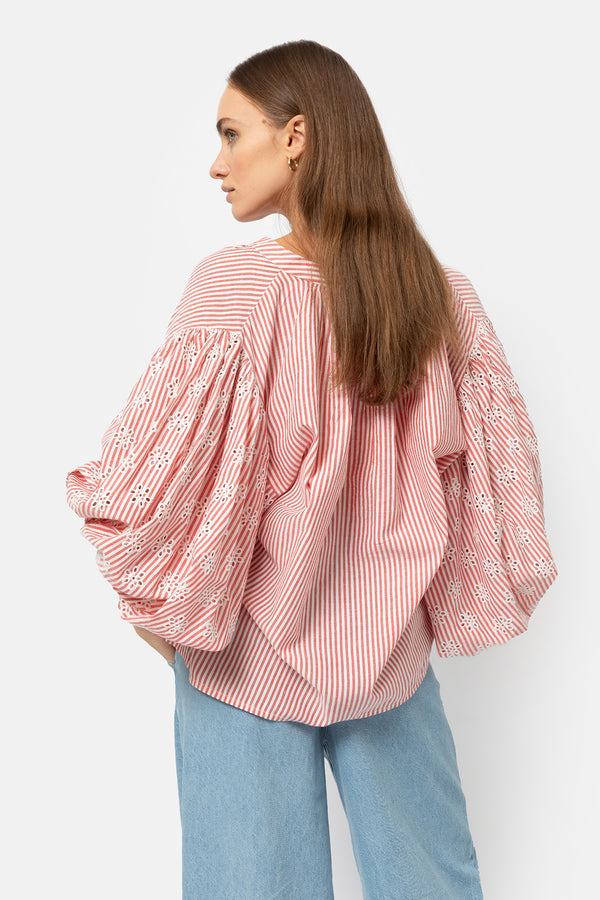 Islande Top with Puff Sleeves | White & Red striped Embroidered Poplin