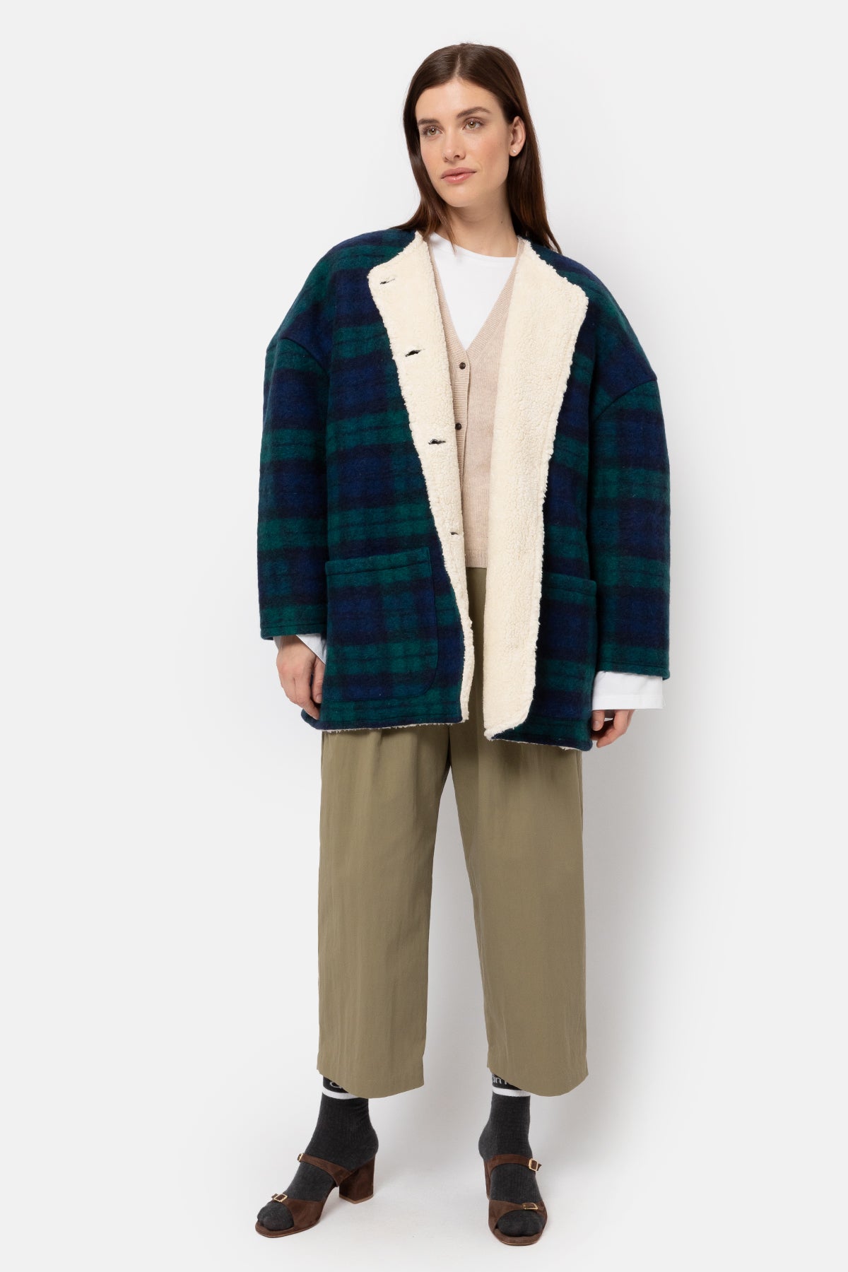 Hannah Teddy Oversized Jacket | Blue & Green Checks w/ Teddy Lining