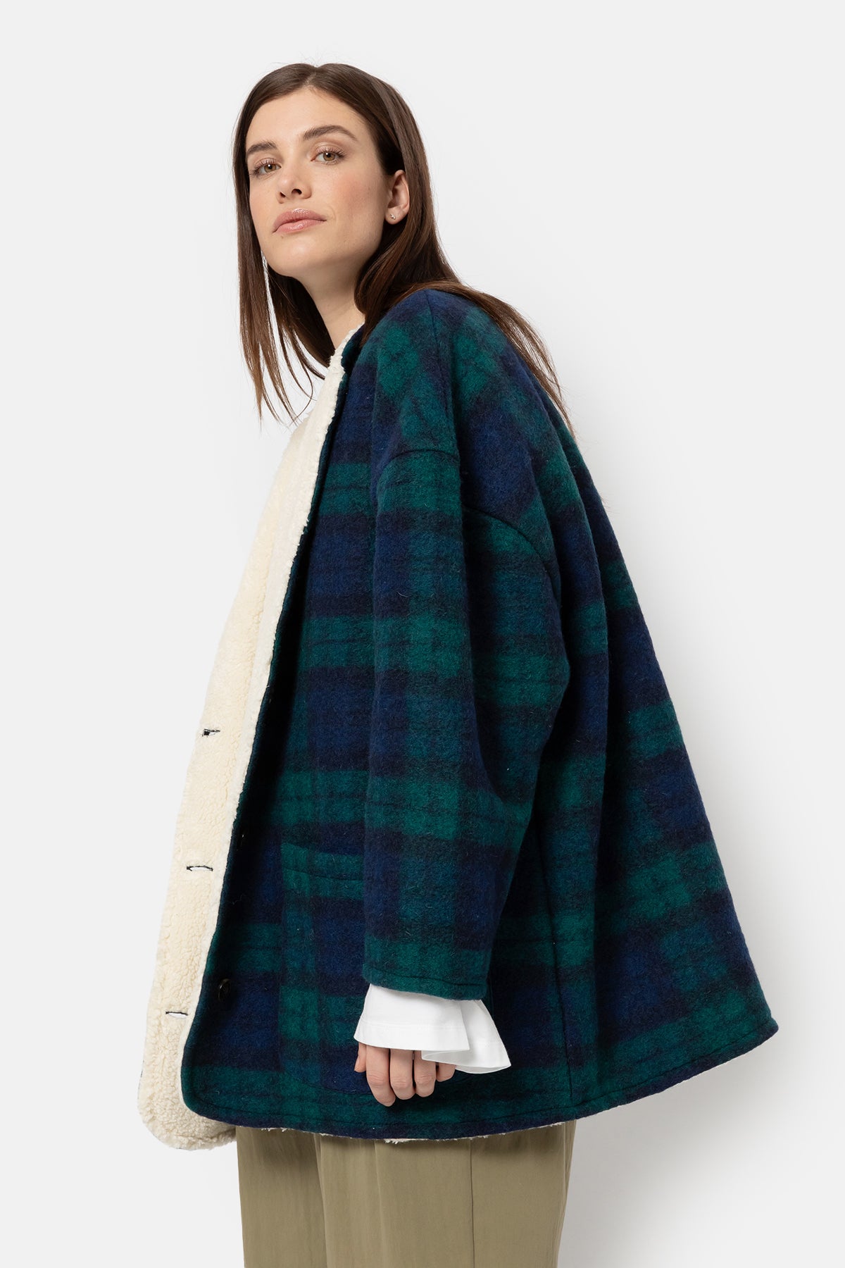 Hannah Teddy Oversized Jacket | Blue & Green Checks w/ Teddy Lining