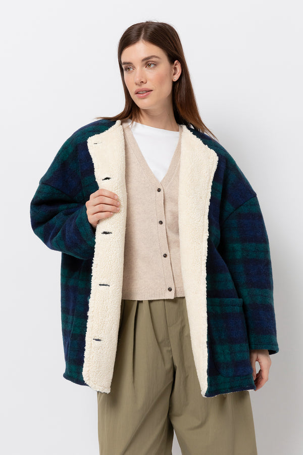 Hannah Teddy Oversized Jacket | Blue & Green Checks w/ Teddy Lining