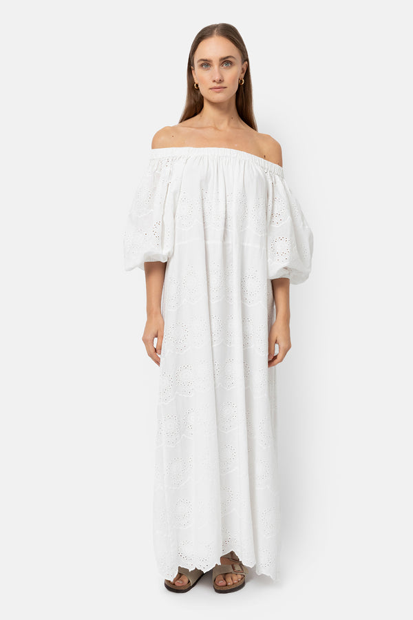 Jaime Off-the-shoulder Dress | White Embroidered Cotton