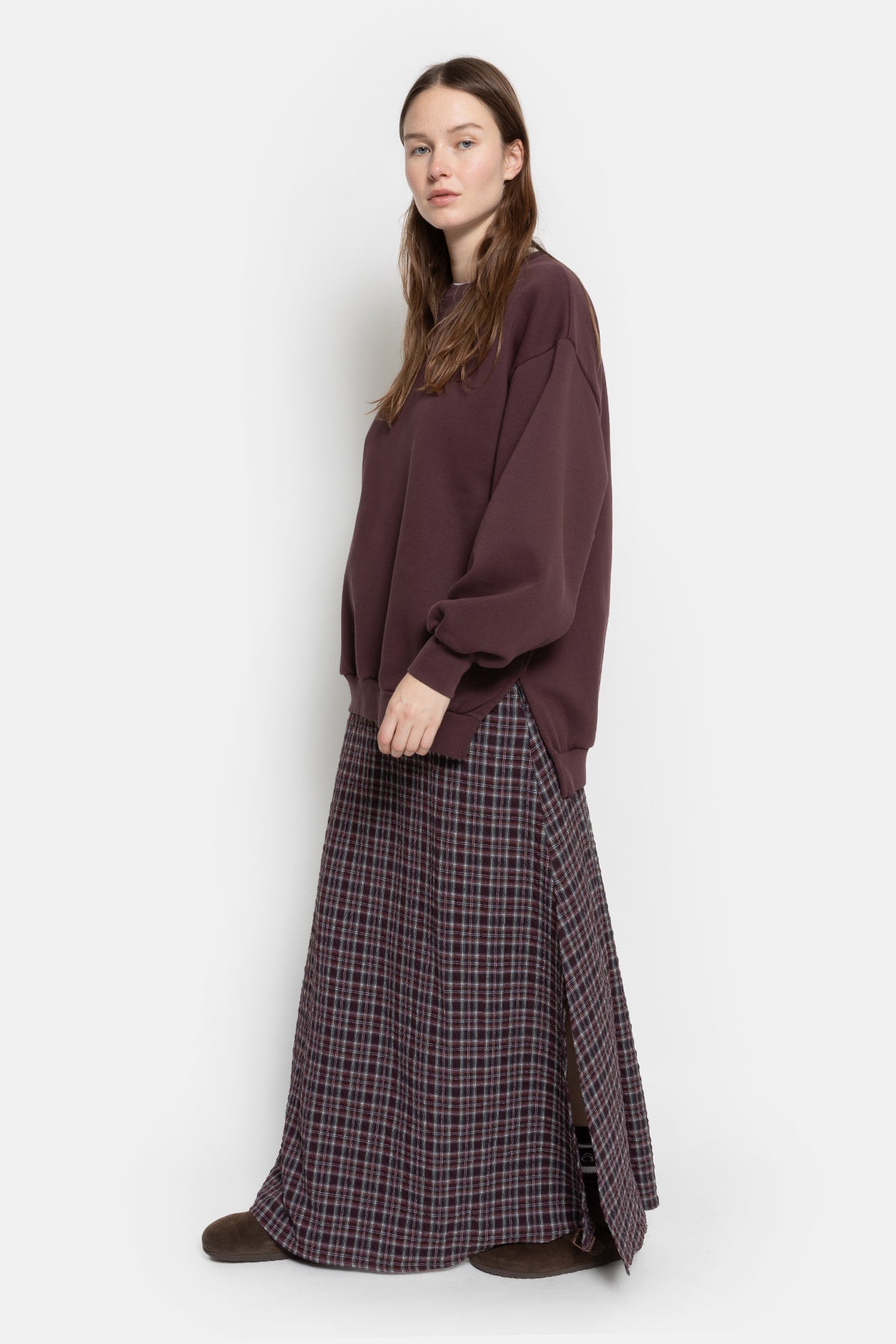 Olive Long Skirt | Plum Checked