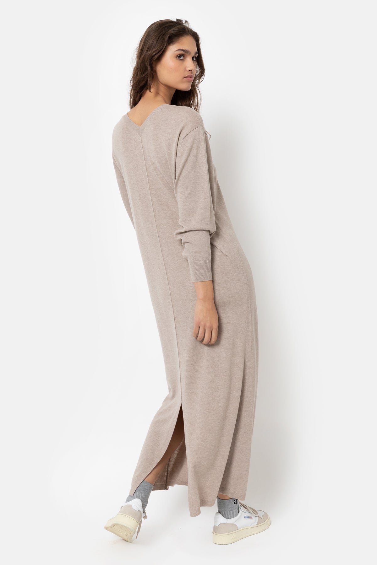 Inka Long Knitted Dress with V-Back | Biscuit