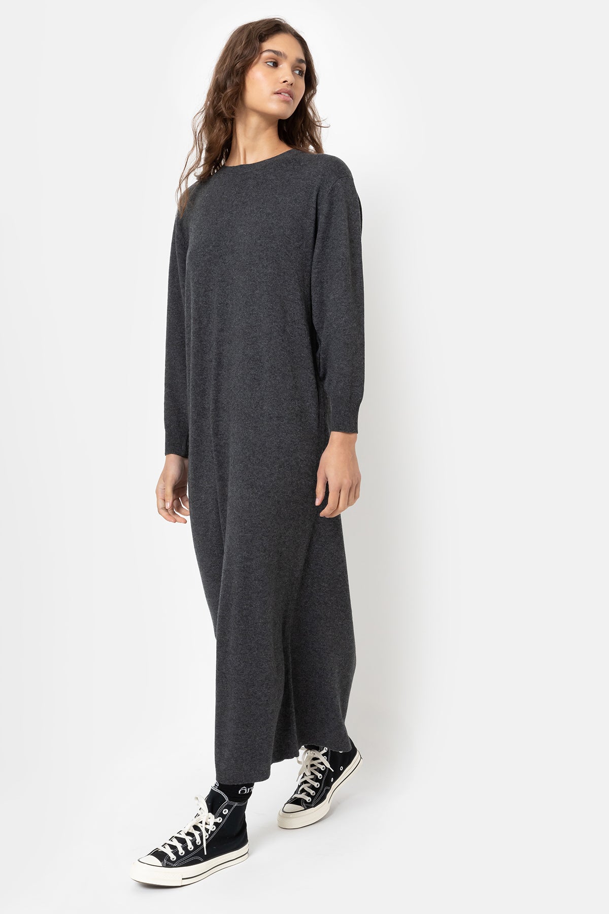 Inka Long Knitted Dress with V-Back | Charcoal Grey