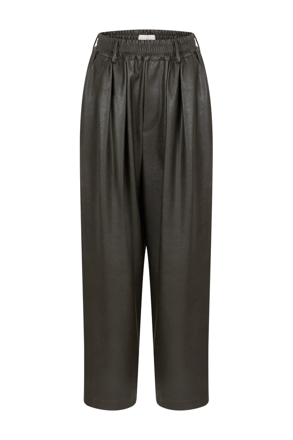 Kick Pleated Pants | Khaki Faux Leather