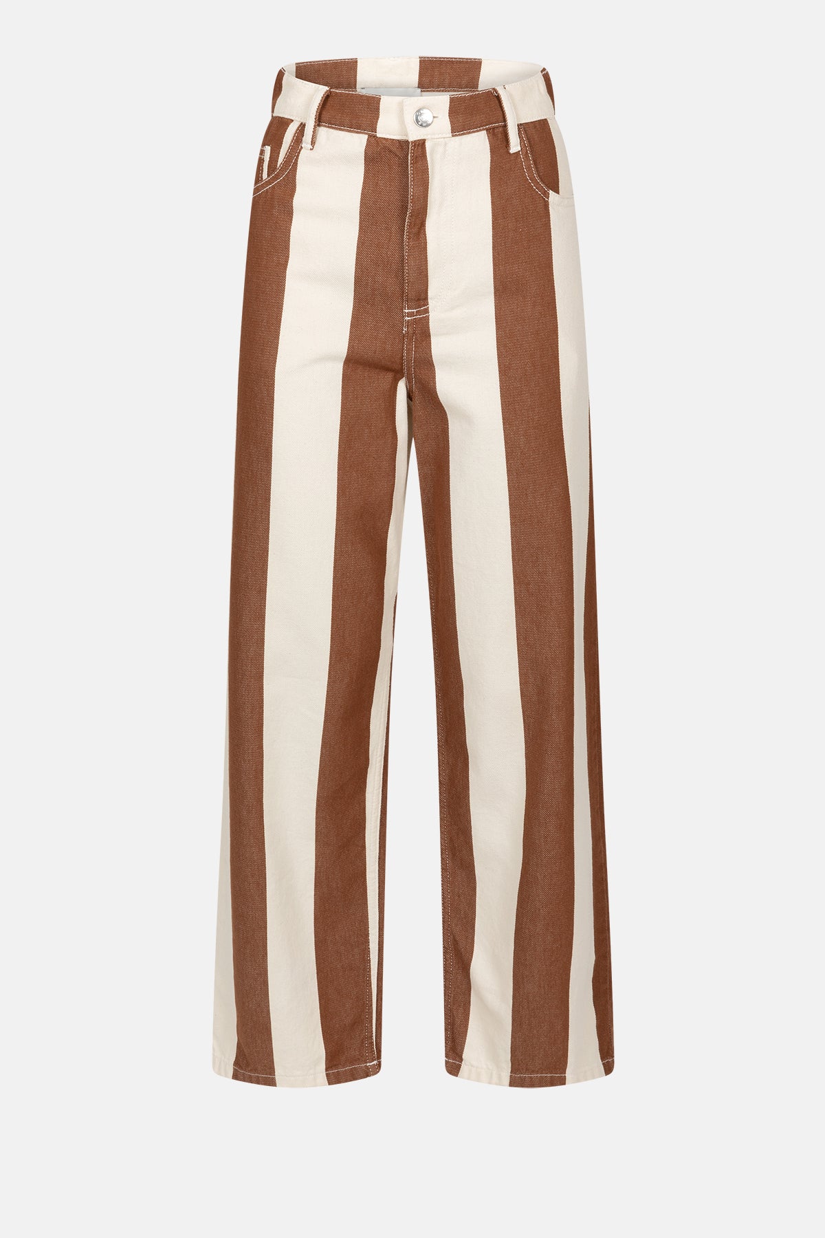 Mimi Straight Cotton Pants | Striped White & Camel