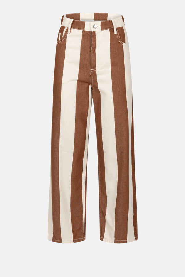 Mimi Straight Cotton Pants | Striped White & Camel