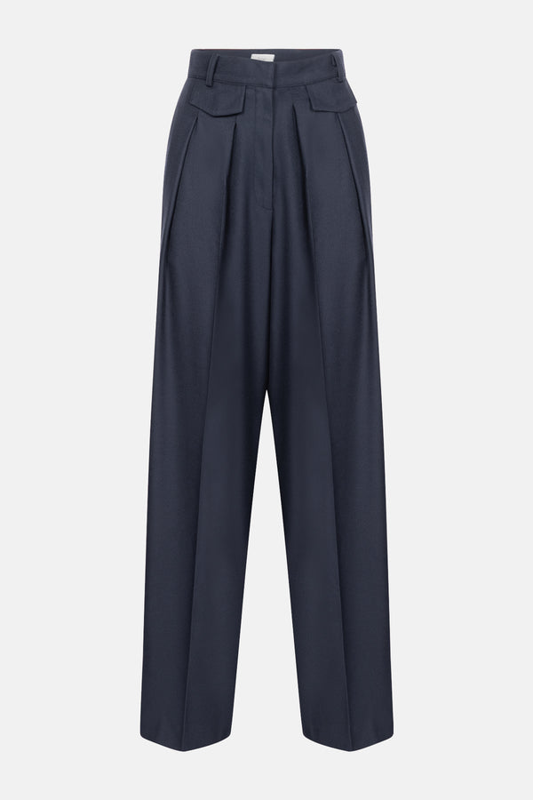 Michel Wide Pleated Trousers | Dark Blue
