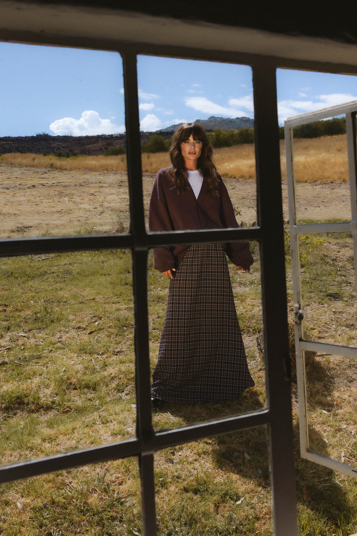 Olive Long Skirt | Plum Checked