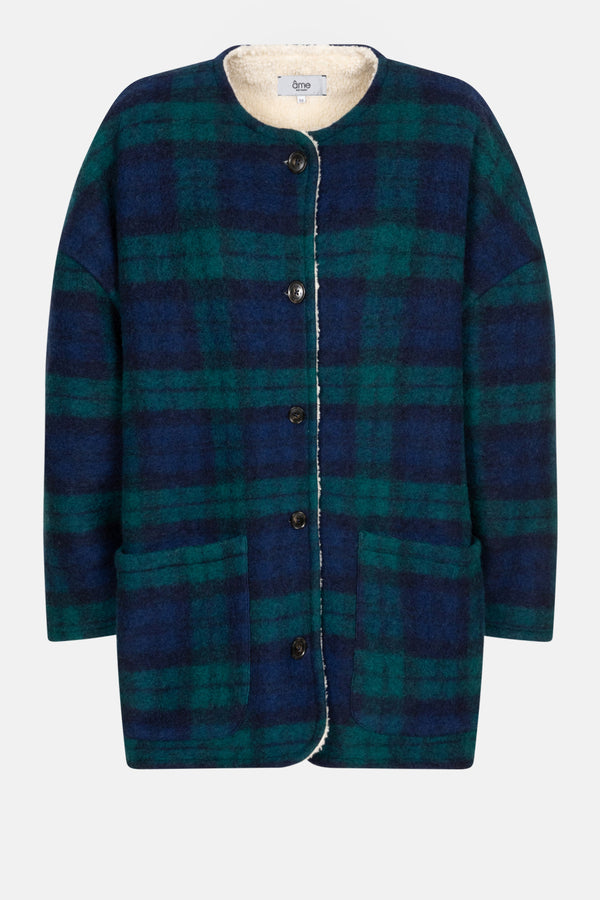 Hannah Teddy Oversized Jacket | Blue & Green Checks w/ Teddy Lining