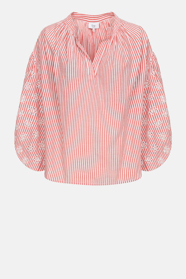Islande Top with Puff Sleeves | White & Red striped Embroidered Poplin