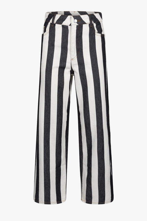 Mimi Straight Cotton Pants | Striped White & Blue