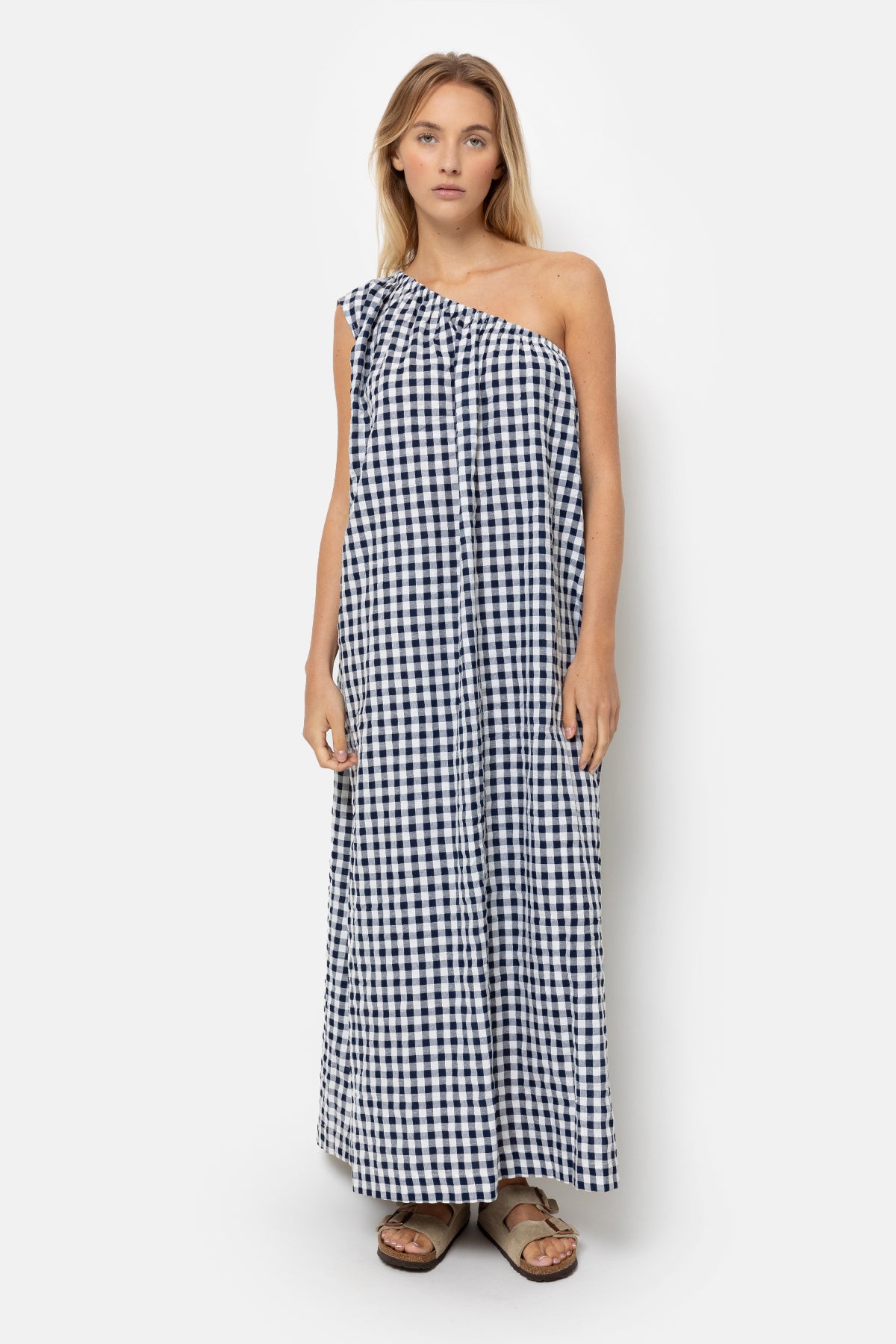 Lourose One-Shoulder Robe | Checked Navy Blue