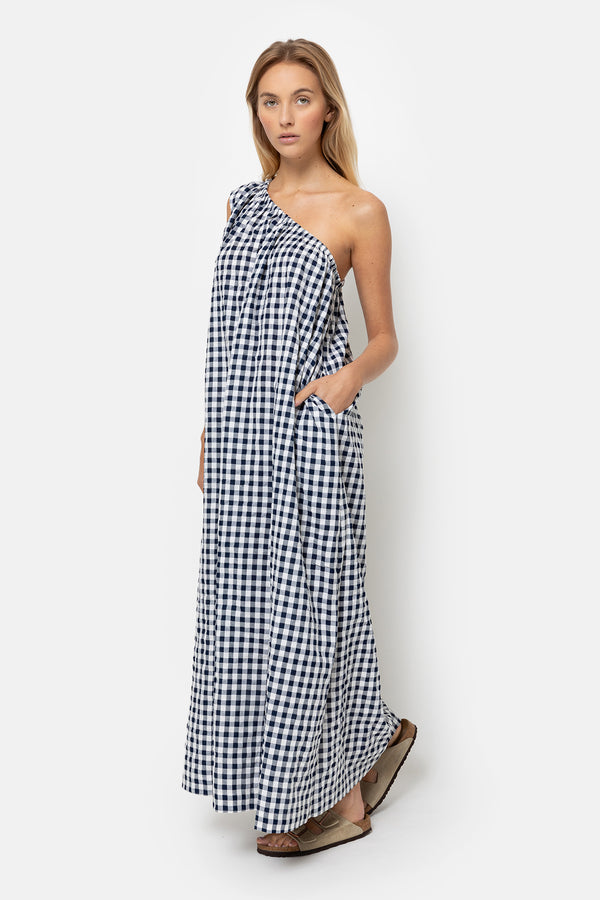 Lourose One-Shoulder Robe | Checked Navy Blue