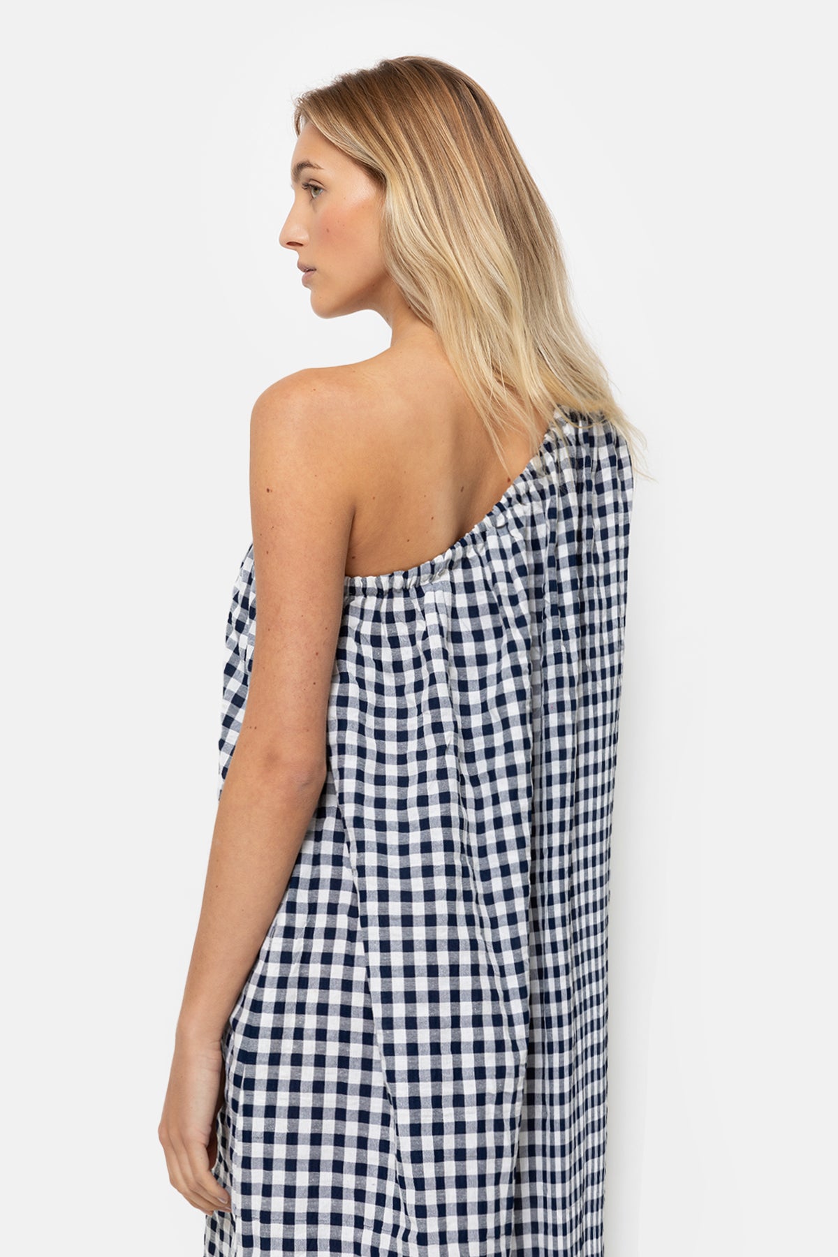 Lourose One-Shoulder Robe | Checked Navy Blue