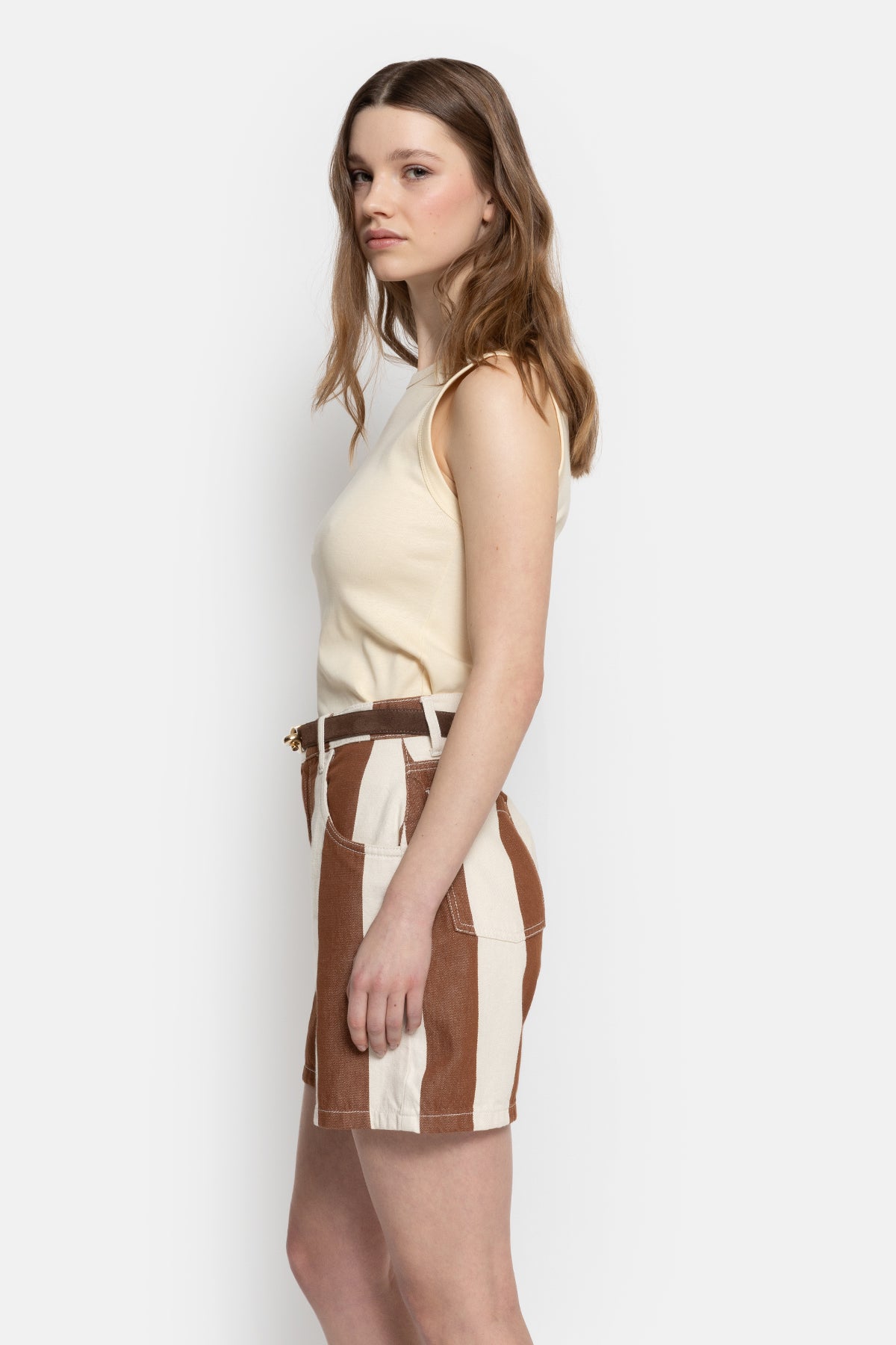 Short Nanny Rayé | Blanc & Camel