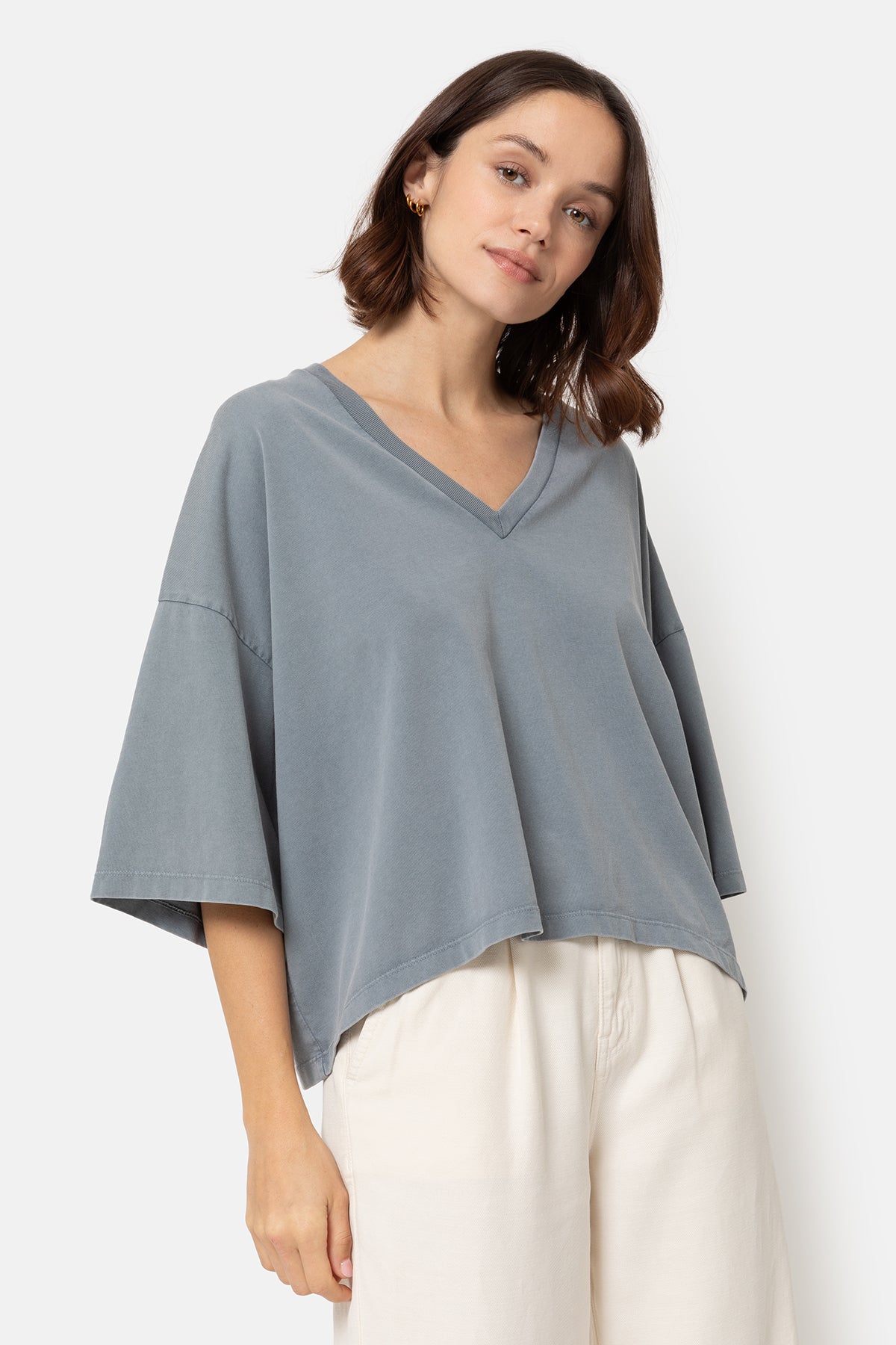 Lison Boxy T-Shirt with V Neck | Gris Vintage