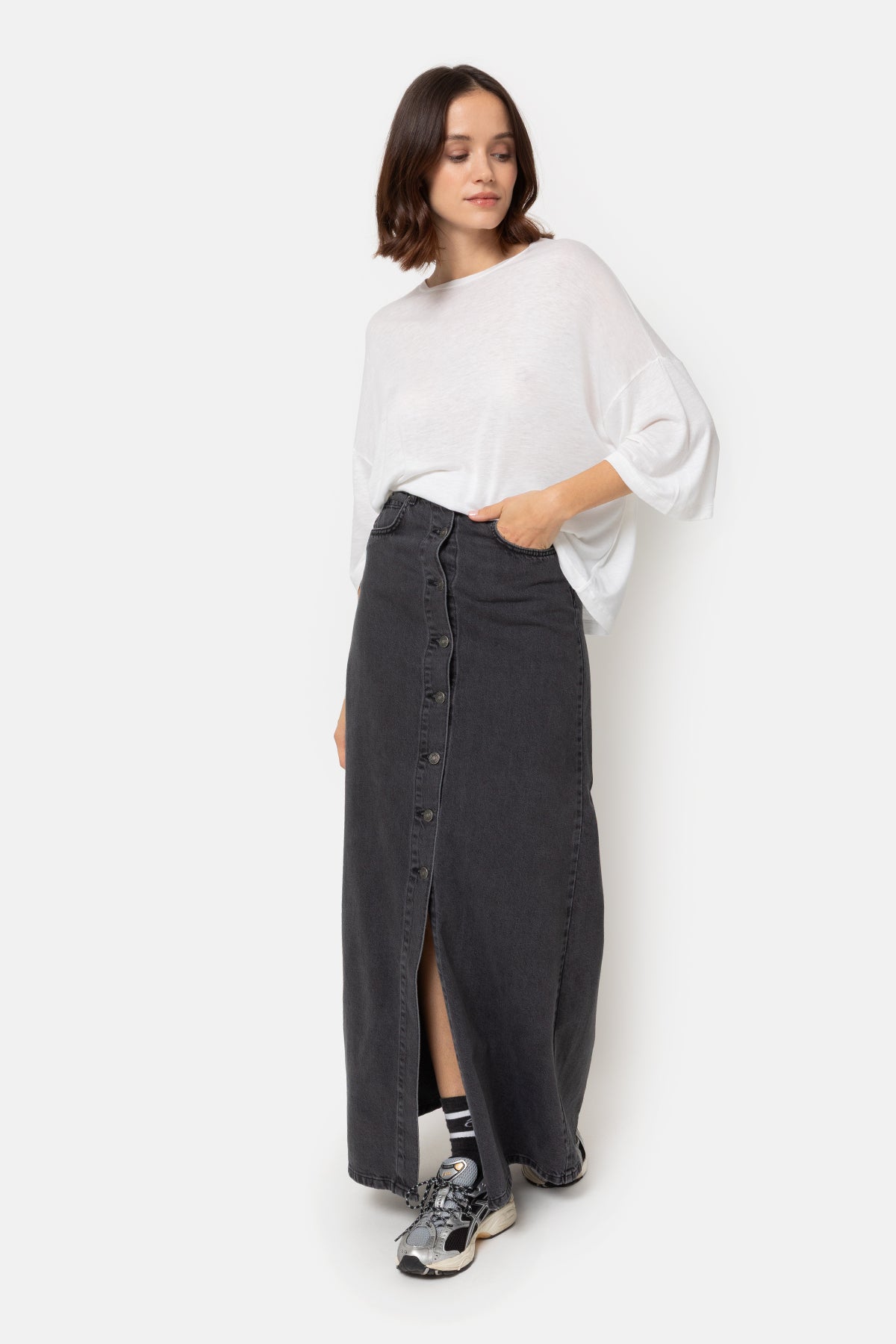 Katie Long Denim Skirt | Charcoal Grey