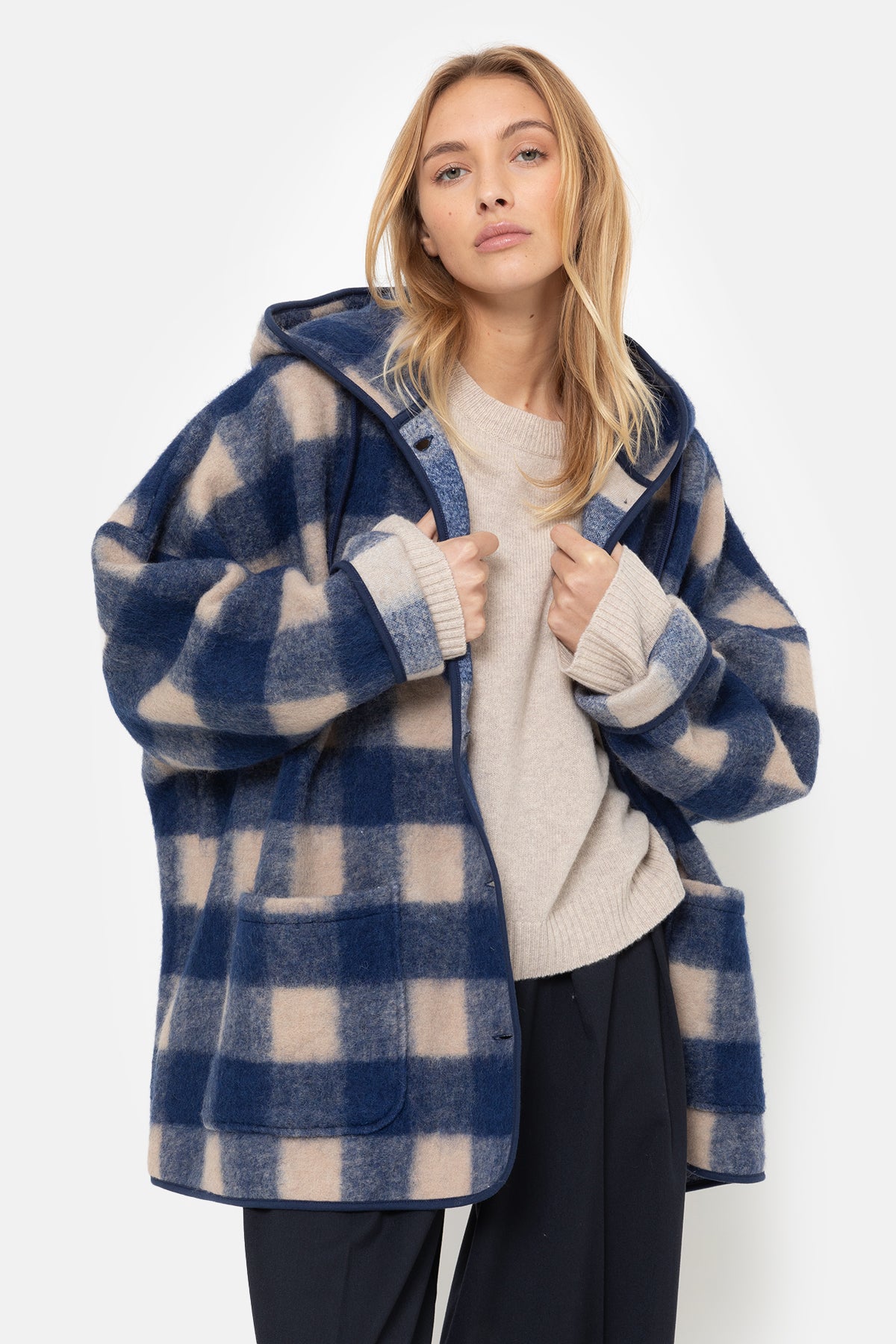 Kenji Veste à Capuche Teddy | Bleu & Beige à Carreaux