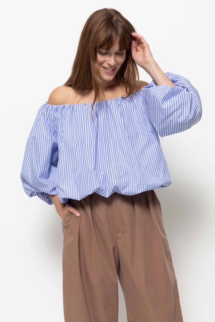 Now Striped Off Shoulder Top | Blue & White