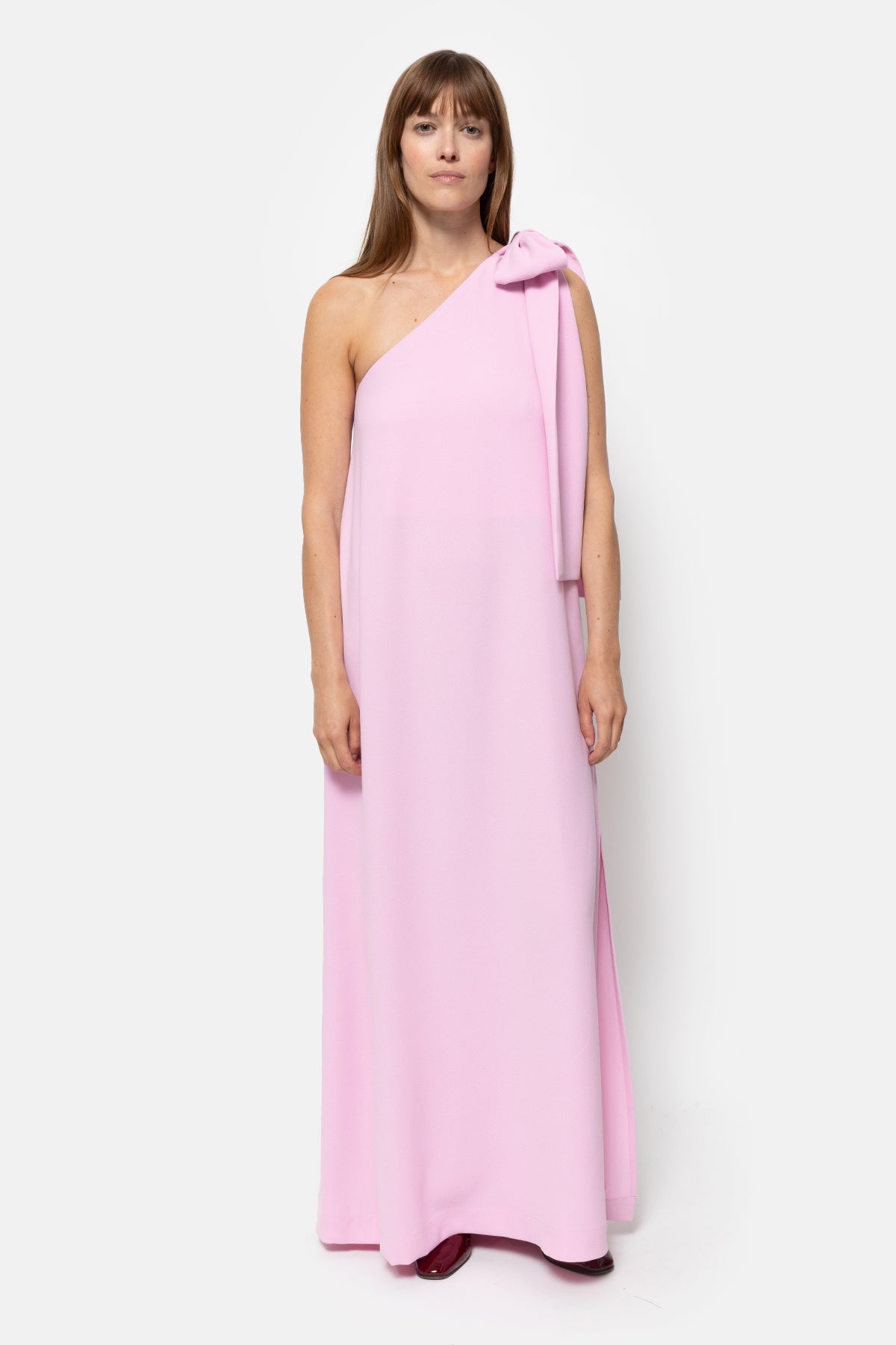 strapless open back dress Pink Iridescent One Shoulder Rosette Ball Gown