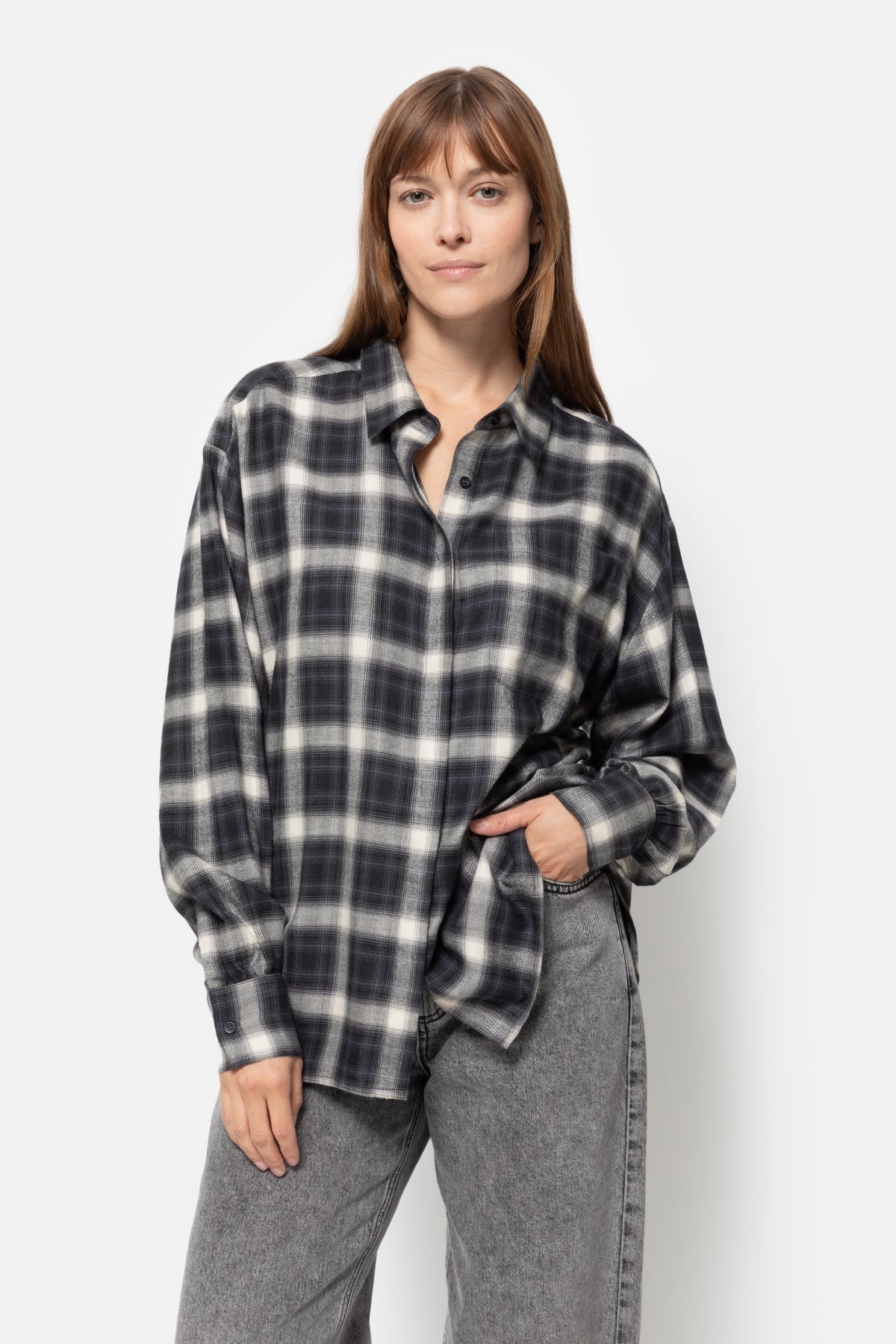 Daddy Oversized Checked Flannel Shirt | Black & White