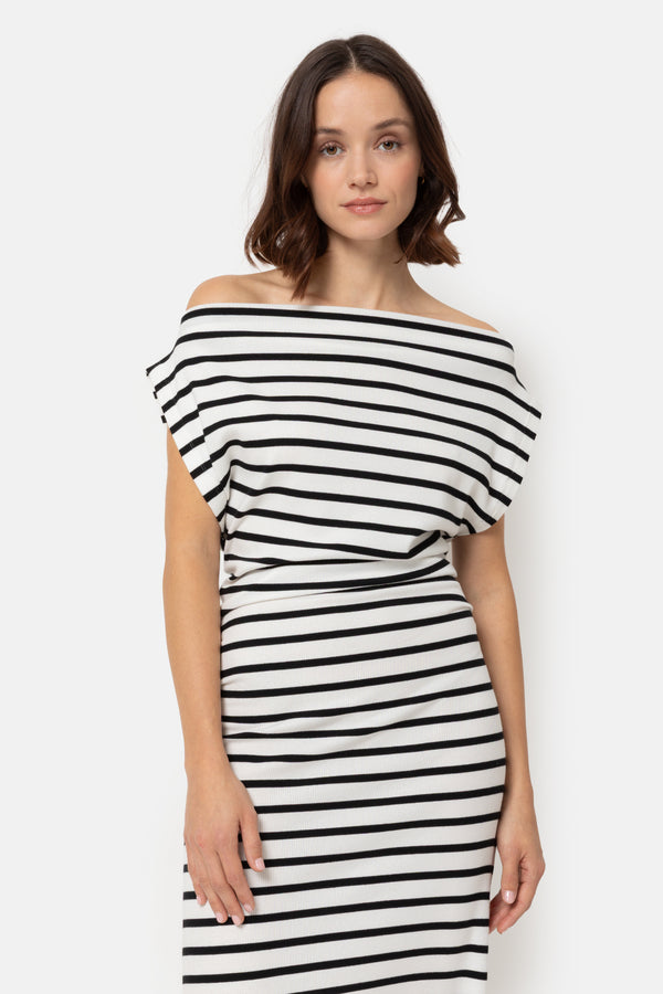 Lewis Off-Shoulder Rib Dress | Rayures noires et blanches