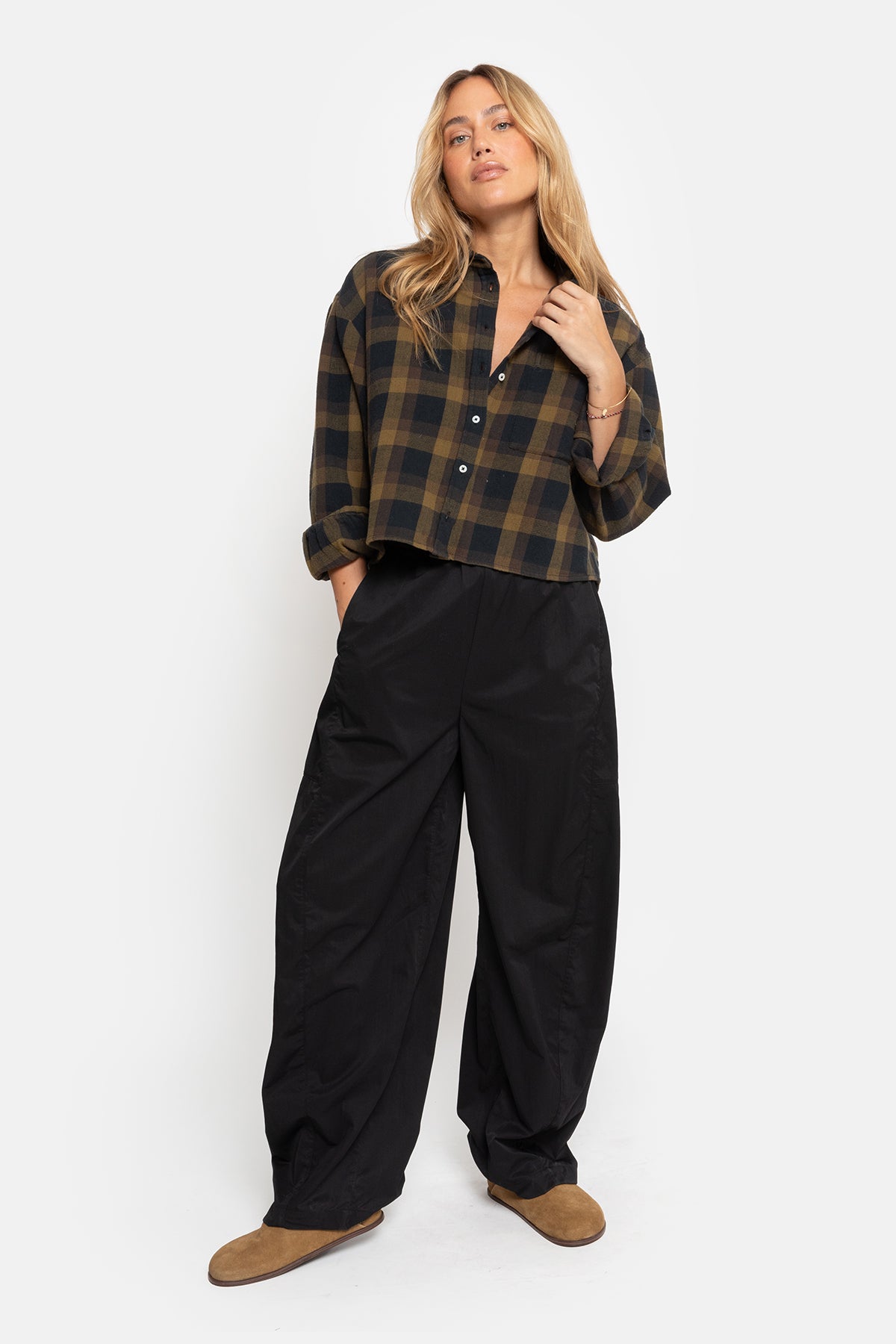 Karlotta Cropped Shirt | Khaki & Brown Checks