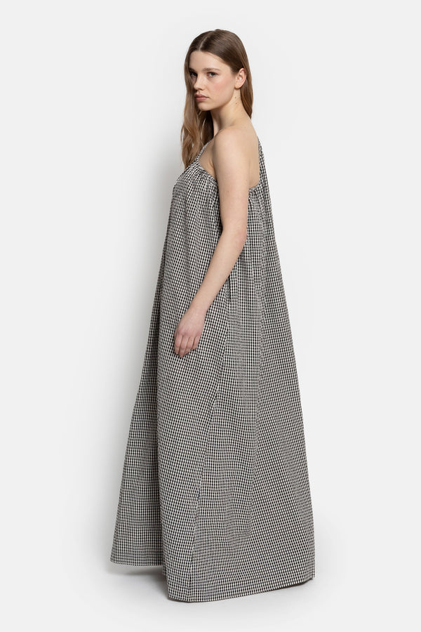 Lourose One-Shoulder Robe | Checked Noir & Blanc