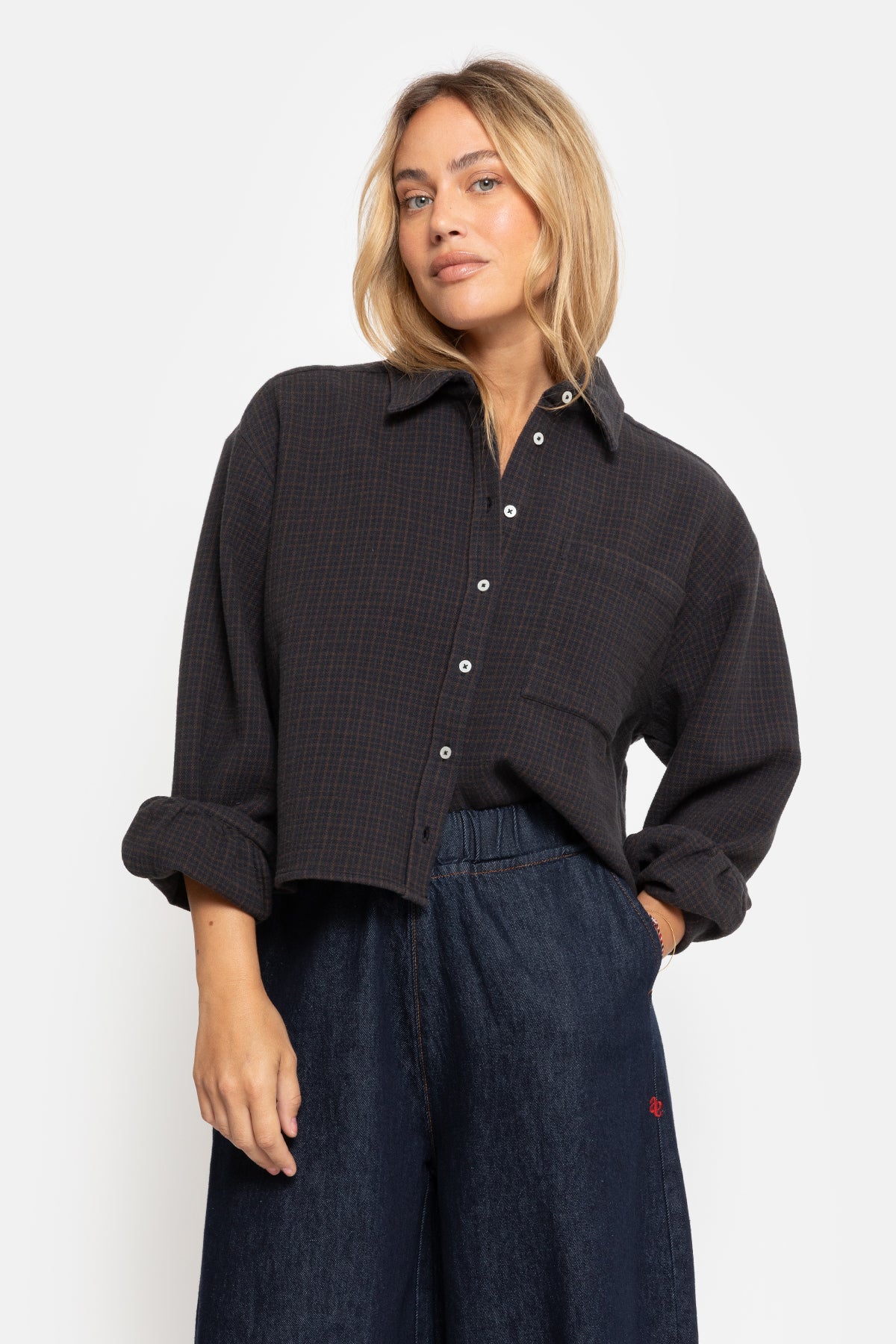Karlotta Cropped Shirt | Blue & Camel Checks