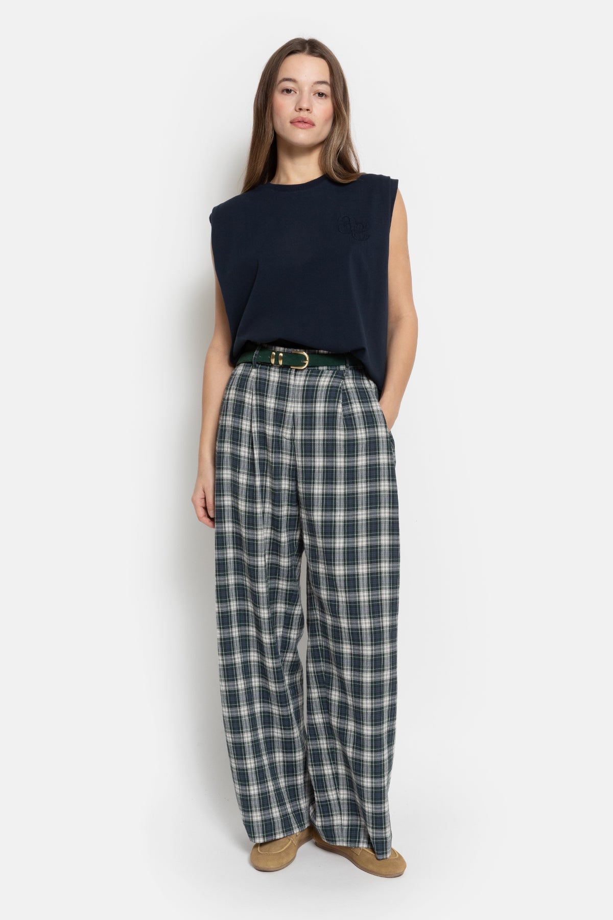 Marta Pleated Pants | Navy checkered – Âme antwerp