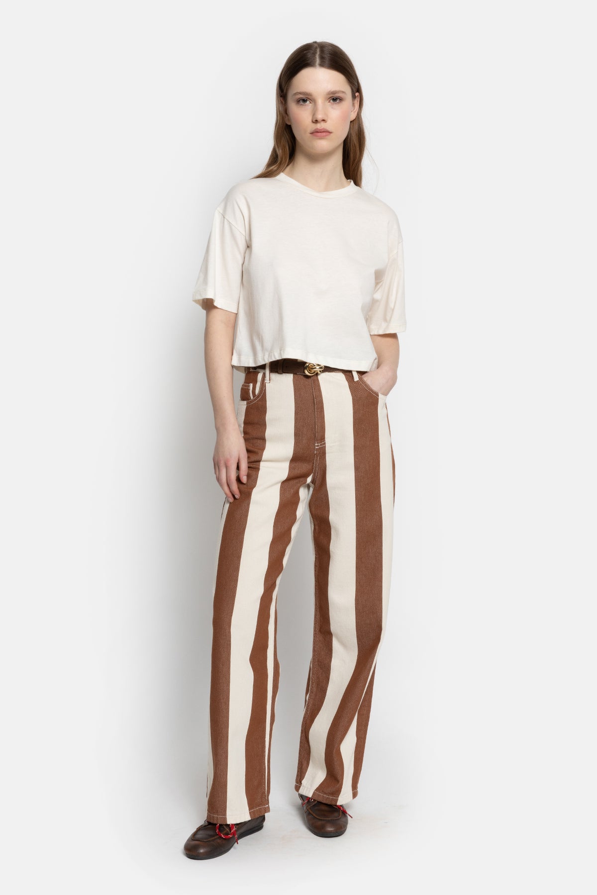 Mimi Straight Cotton Pants | Striped White & Camel