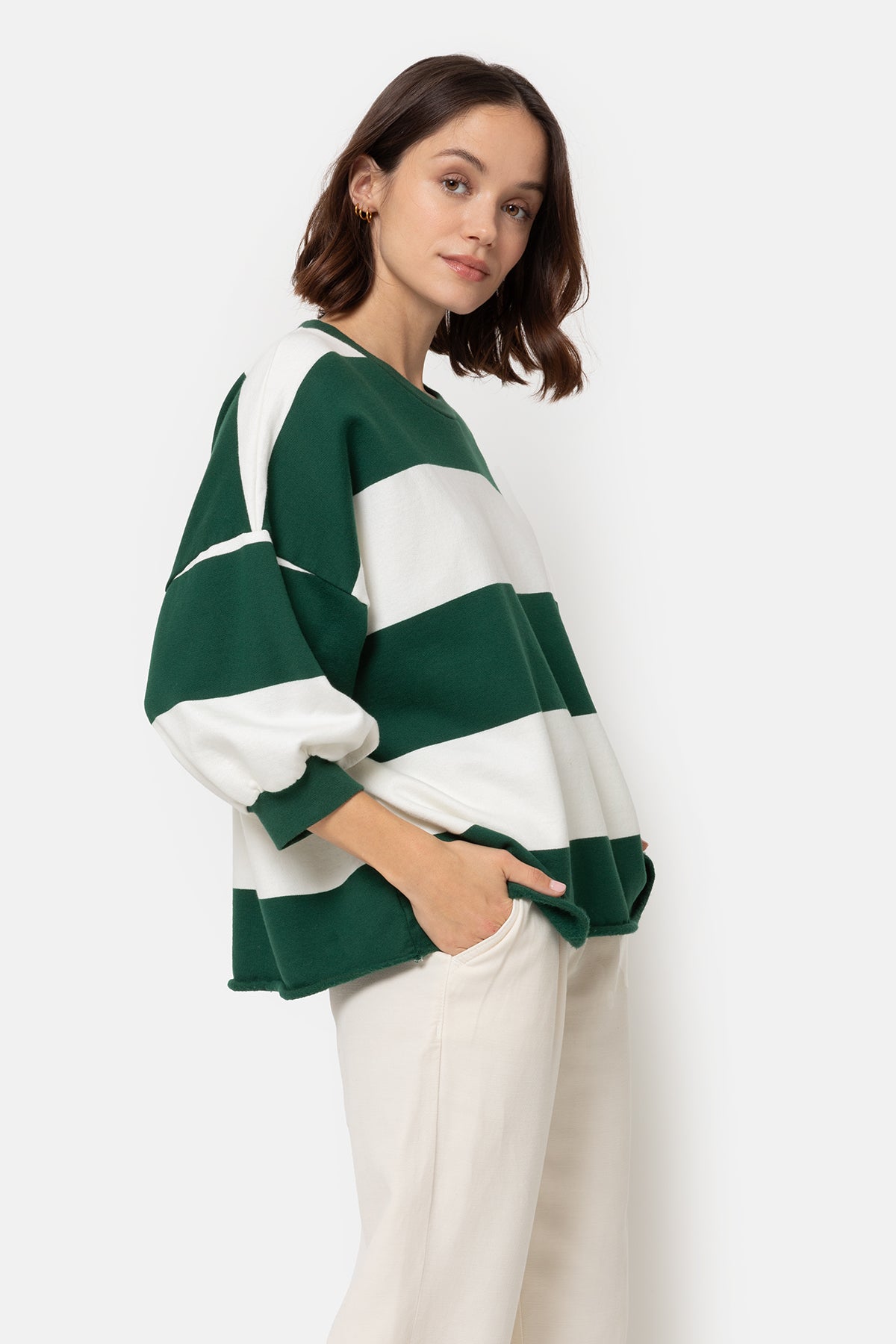 Liv Sweatshirt 3/4 Sleeves | Green & White Stripes