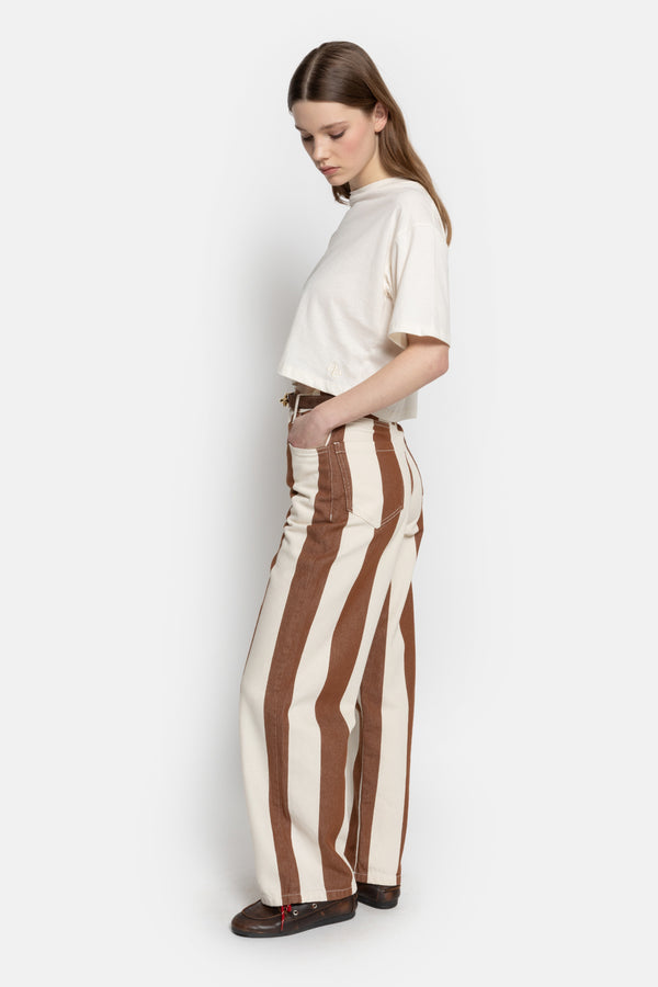 Mimi Straight Cotton Pants | Striped White & Camel