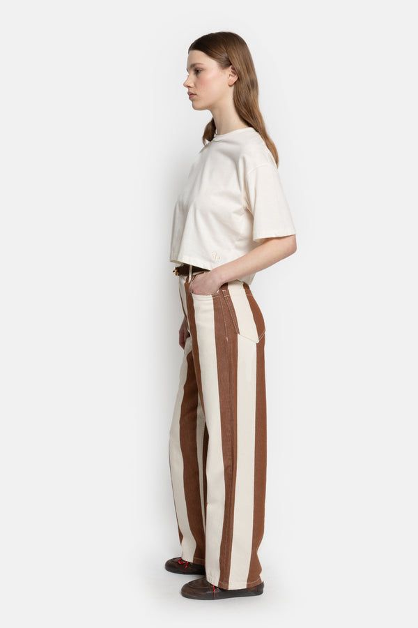 Mimi Straight Cotton Pants | Striped White & Camel