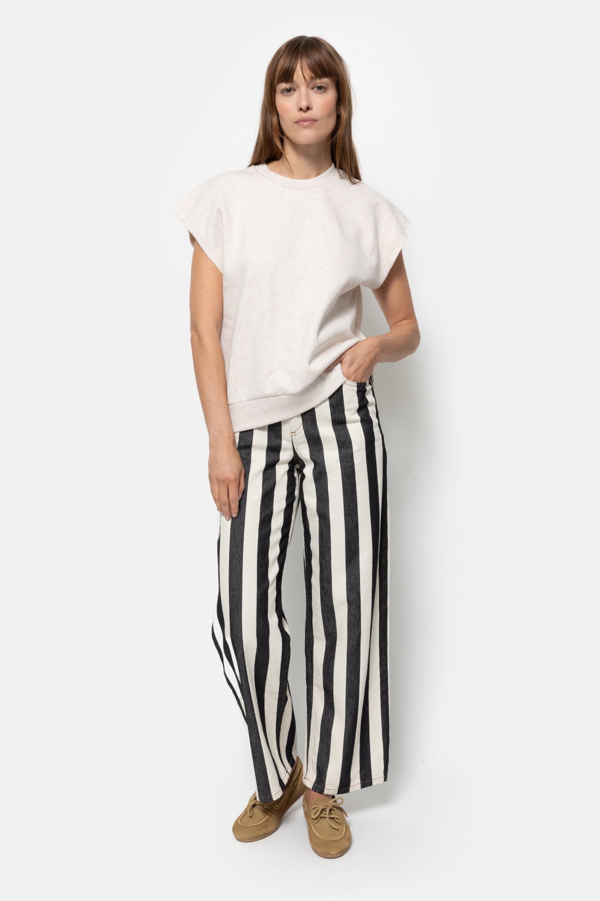 Mimi Straight Cotton Pants | Striped White & Blue