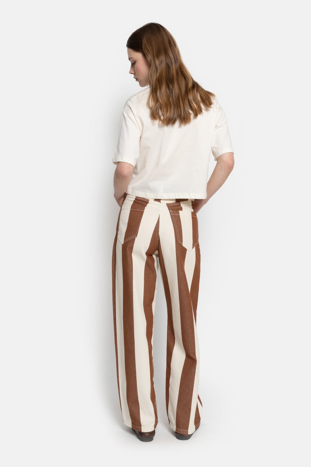 Mimi Straight Cotton Pants | Striped White & Camel